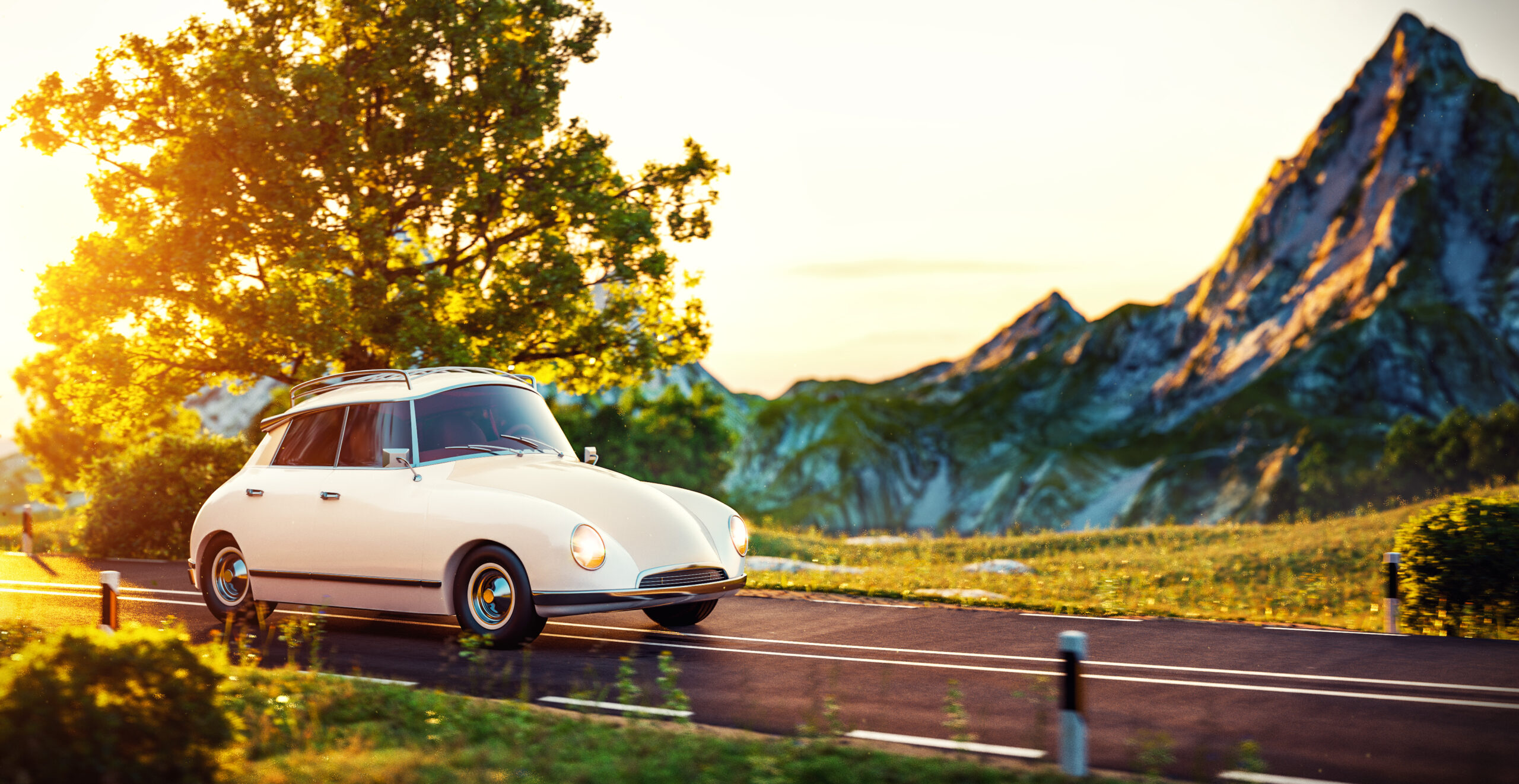 When Queens Ride By Cute little retro car goes by wonderful countryside road at sunset
