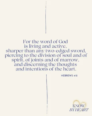 Press play, repeat after me, and let’s memorize Hebrews 4:12 together—“For the word of God is living and active…”

This verse reminds us that God’s Word isn’t just something we read—it’s something that reads us. It’s alive, working within us, revealing what’s true and exposing what’s hidden in our hearts. It calls us to come to Scripture with humility, allowing it to shape not just what we know, but who we are.

As you memorize this verse, picture God’s Word reaching deep into your heart—bringing clarity where there’s confusion and truth where there’s doubt. Pay attention to what He may be revealing to you today, and respond with a willing heart. When we allow Scripture to search and transform us, it leads us to walk more closely with Him in truth and faith.

Check out the Know By Heart Podcast! 🔗 in bio.

💛 Don’t forget to like, subscribe, and share, so you never miss a verse.

#Hebrews412 #HideGodsWord #ScriptureMemory #LivingWord #FaithInPractice